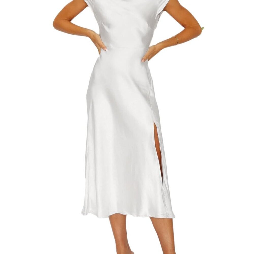Satin Backless Midi Dress Elegant Cowl Neck Slit Cocktail Wedding Guest
